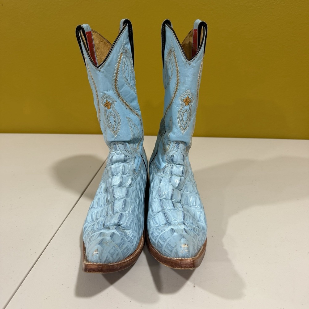 DONALDO Boots Genuine Leather Croc Embossed Men Size 5.5 Light Blue Pointed Toe